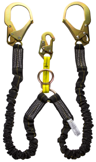 Guardian Stretch Lanyard, 4.5-6 ft, Double Leg w/ 2" Black Tube, Rebar Hooks, Snap Hook, 2.5 in. O-ring, D-ring Extender