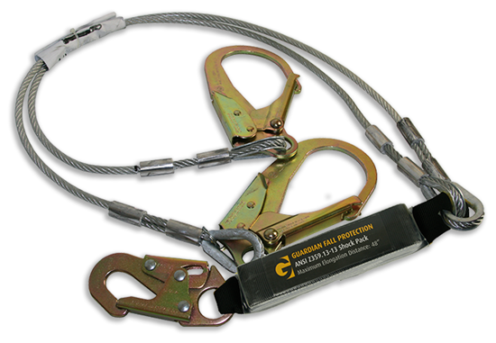 Guardian Cable Lanyard, 6 ft. Double Leg w/ Rebar Hooks, Shock Absorber 